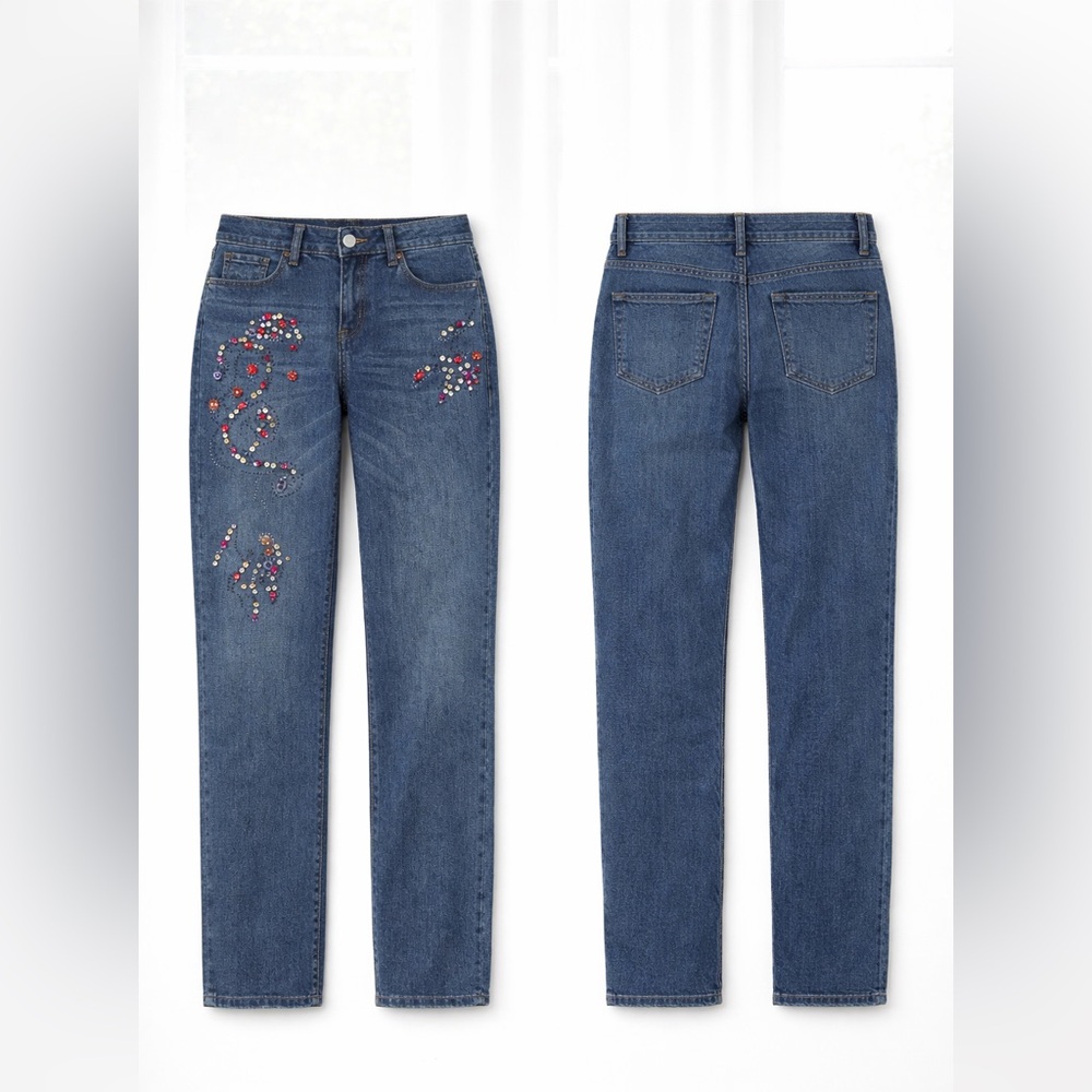 C. EST 1946 Embellished Blue Straight-Leg Jeans with Colorful Bead Accents EUC - Picture 2 of 6